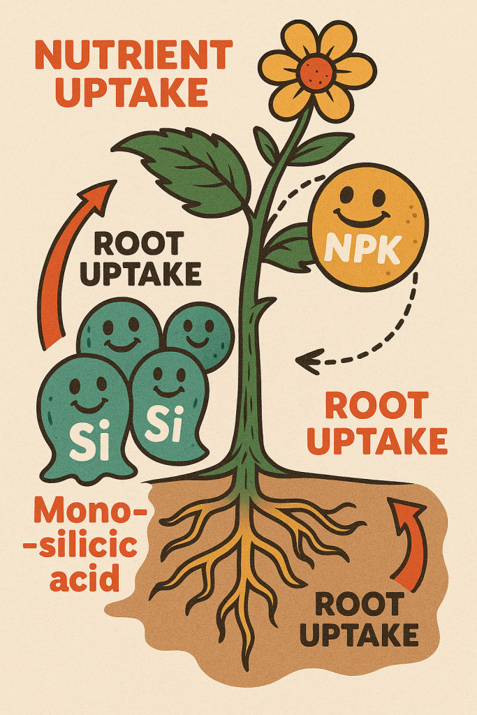 A colorful, cartoon-style infographic showing the pathway of Mono-silicic acid from the soil into plant roots, up through the stem, and into leaves and flowers. Includes smiling silica molecules, strong plant stems, and vibrant buds labeled “Stronger Growth” and “Better Yields.” Text reads “Silica’s Journey from Soil to Flower.”