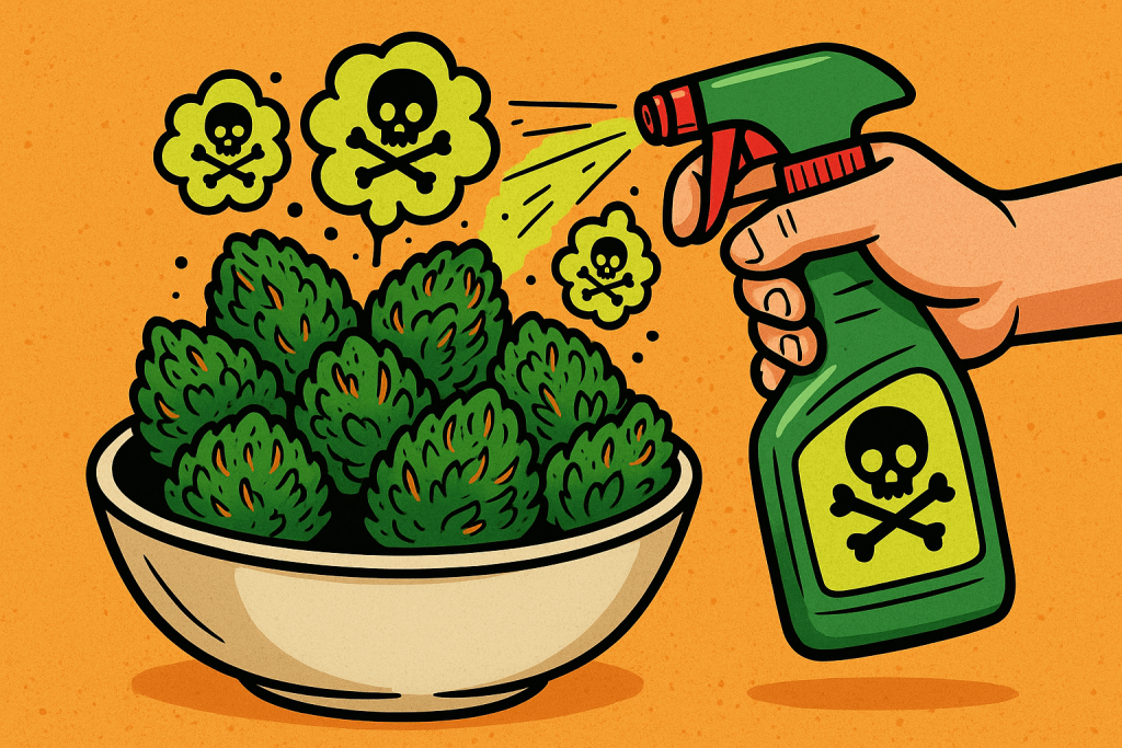 ChatGPT said: Alt text: Cartoon-style digital illustration of a bowl filled with cannabis buds, with a spray bottle labeled with a hazard symbol misting the buds. The scene humorously implies artificial or chemical flavoring being applied to flower.