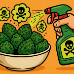 ChatGPT said: Alt text: Cartoon-style digital illustration of a bowl filled with cannabis buds, with a spray bottle labeled with a hazard symbol misting the buds. The scene humorously implies artificial or chemical flavoring being applied to flower.