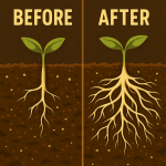 Side-by-side illustration showing root development before and after using a root enhancer; left side shows sparse roots under a seedling labeled “Before,” right side shows thick, expansive roots labeled “After,” set against dark brown soil with a clean, vintage style.