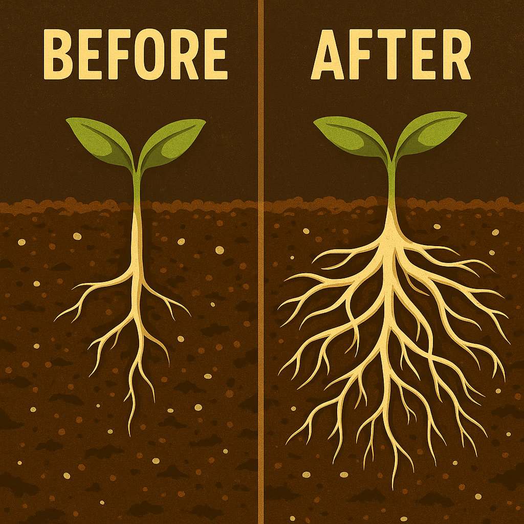 Side-by-side illustration showing root development before and after using a root enhancer; left side shows sparse roots under a seedling labeled “Before,” right side shows thick, expansive roots labeled “After,” set against dark brown soil with a clean, vintage style.