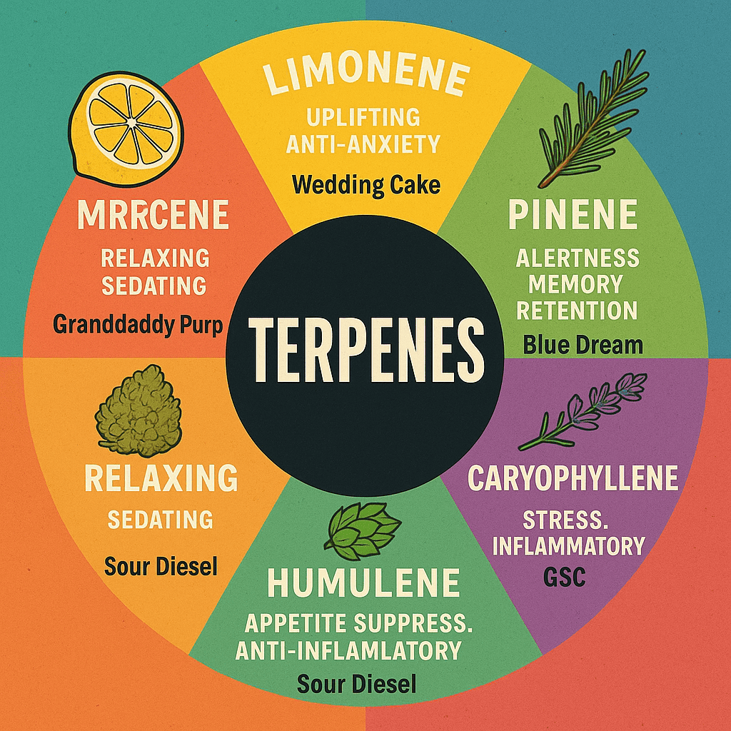 A clean, colorful terpene wheel infographic highlighting six major cannabis terpenes — Limonene, Myrcene, Pinene, Linalool, Caryophyllene, and Humulene — with each segment showing associated effects and an example strain like Wedding Cake, Granddaddy Purp, and Blue Dream.