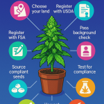 Colorful digital infographic titled "How to Legally Grow THCa Hemp in the U.S." showing a central cannabis plant with eight surrounding icons representing each key step: choosing land, registering with USDA and FSA, passing a background check, sourcing compliant seeds, testing for compliance, and harvesting.