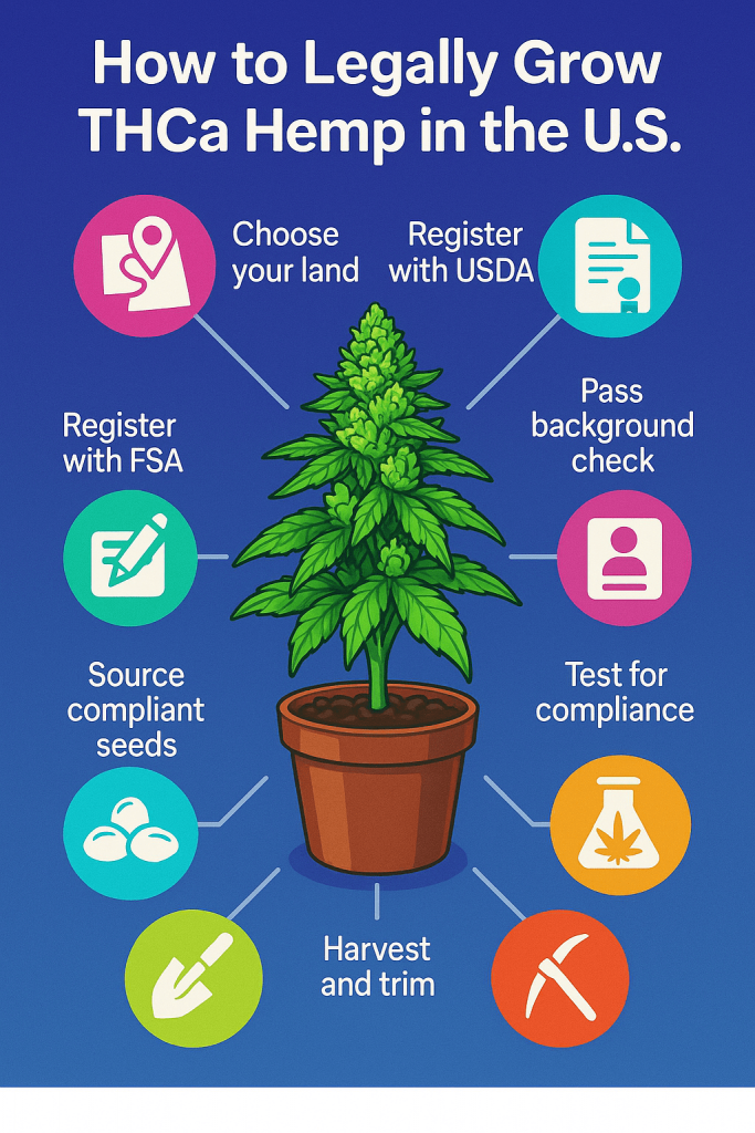 Colorful digital infographic titled "How to Legally Grow THCa Hemp in the U.S." showing a central cannabis plant with eight surrounding icons representing each key step: choosing land, registering with USDA and FSA, passing a background check, sourcing compliant seeds, testing for compliance, and harvesting.