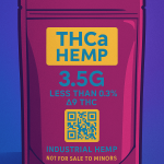Flat digital illustration of a labeled stand-up pouch for THCa hemp flower, featuring a bold yellow and teal "THCa HEMP" label, weight (3.5G), compliance disclaimer "Less than 0.3% Δ9 THC", QR code for lab results, and “Not for sale to minors” warning. Designed to reflect legal packaging under the 2018 Farm Bill.