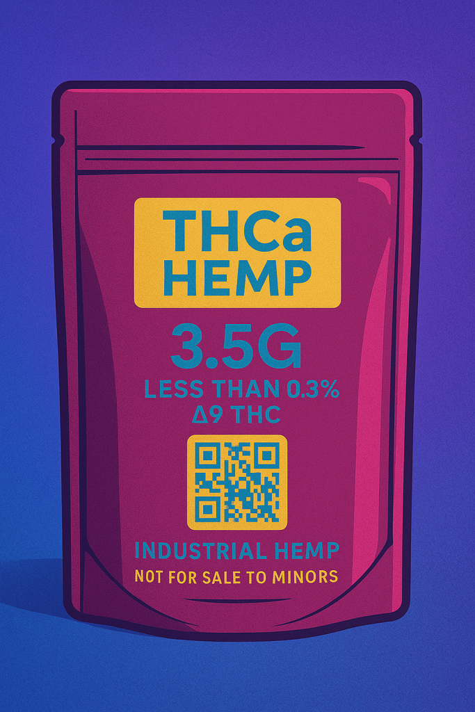 Flat digital illustration of a labeled stand-up pouch for THCa hemp flower, featuring a bold yellow and teal "THCa HEMP" label, weight (3.5G), compliance disclaimer "Less than 0.3% Δ9 THC", QR code for lab results, and “Not for sale to minors” warning. Designed to reflect legal packaging under the 2018 Farm Bill.