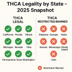 Infographic titled 'THCA Legality by State – 2025 Snapshot' with green checkmarks for legal states like California, Florida, and Texas, and red Xs for restricted states including Alabama, Georgia, and Utah, divided in two clear columns.