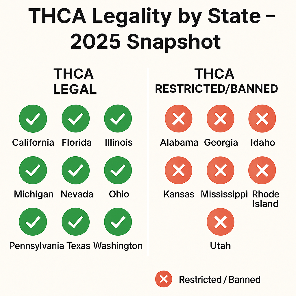 Infographic titled 'THCA Legality by State – 2025 Snapshot' with green checkmarks for legal states like California, Florida, and Texas, and red Xs for restricted states including Alabama, Georgia, and Utah, divided in two clear columns.