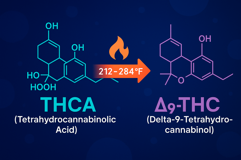 Scientific-style infographic illustrating the decarboxylation process of THCa converting into Delta-9 THC when exposed to heat, with molecular icons, temperature indicators, and cannabis leaf graphics on a clean, professional background.