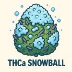 Cartoon-style digital illustration of a cannabis bud covered in icy, sparkling THCa crystals, with playful blue chunks resembling snow and the label "THCa SNOWBALL" underneath in bold, rounded letters.