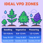 Colorful digital infographic titled "Ideal VPD Zones" showing cheerful cartoon cannabis plants at seedling, vegetative, and flowering stages, each with corresponding optimal VPD ranges, temperatures, and humidity levels for healthy growth.