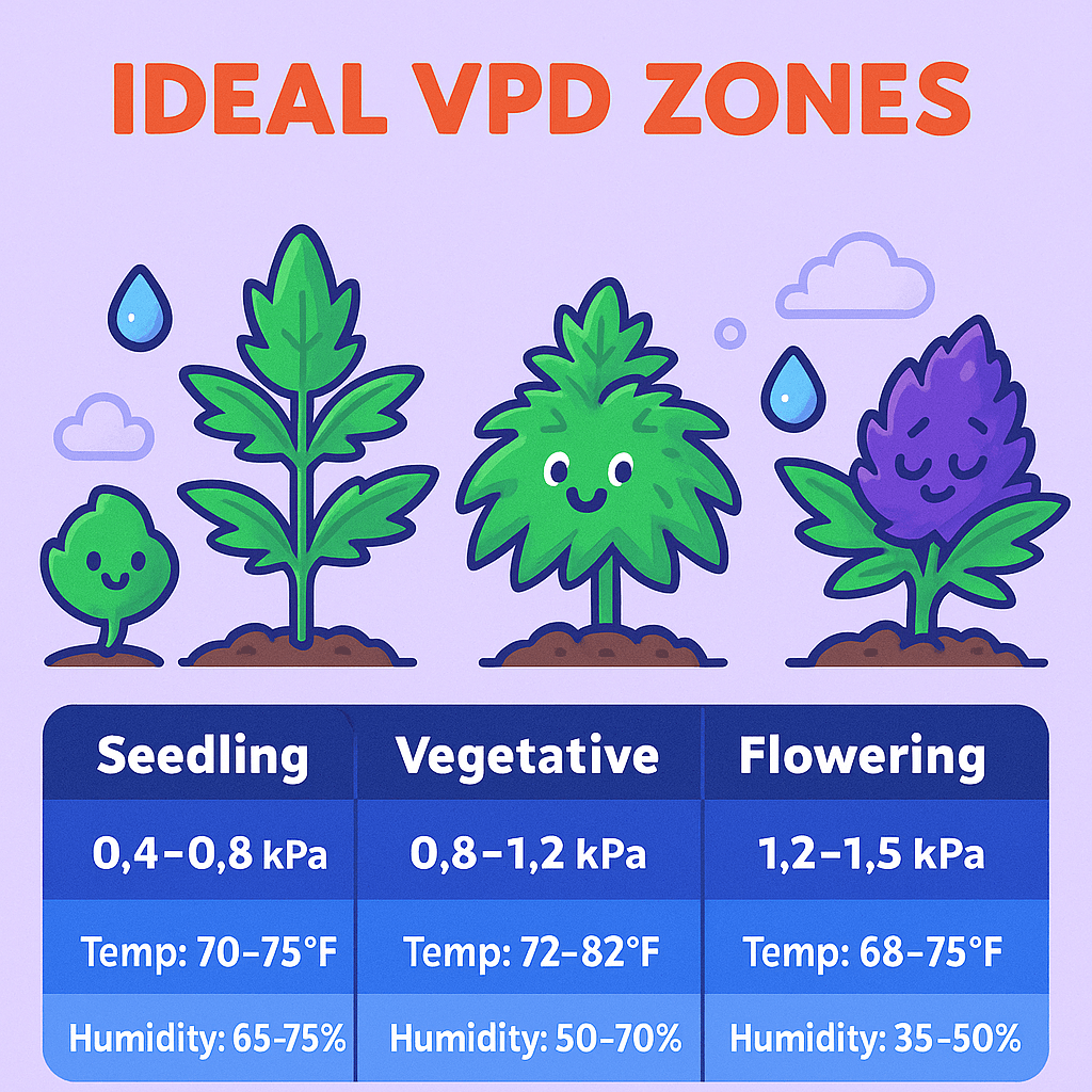 Colorful digital infographic titled "Ideal VPD Zones" showing cheerful cartoon cannabis plants at seedling, vegetative, and flowering stages, each with corresponding optimal VPD ranges, temperatures, and humidity levels for healthy growth.