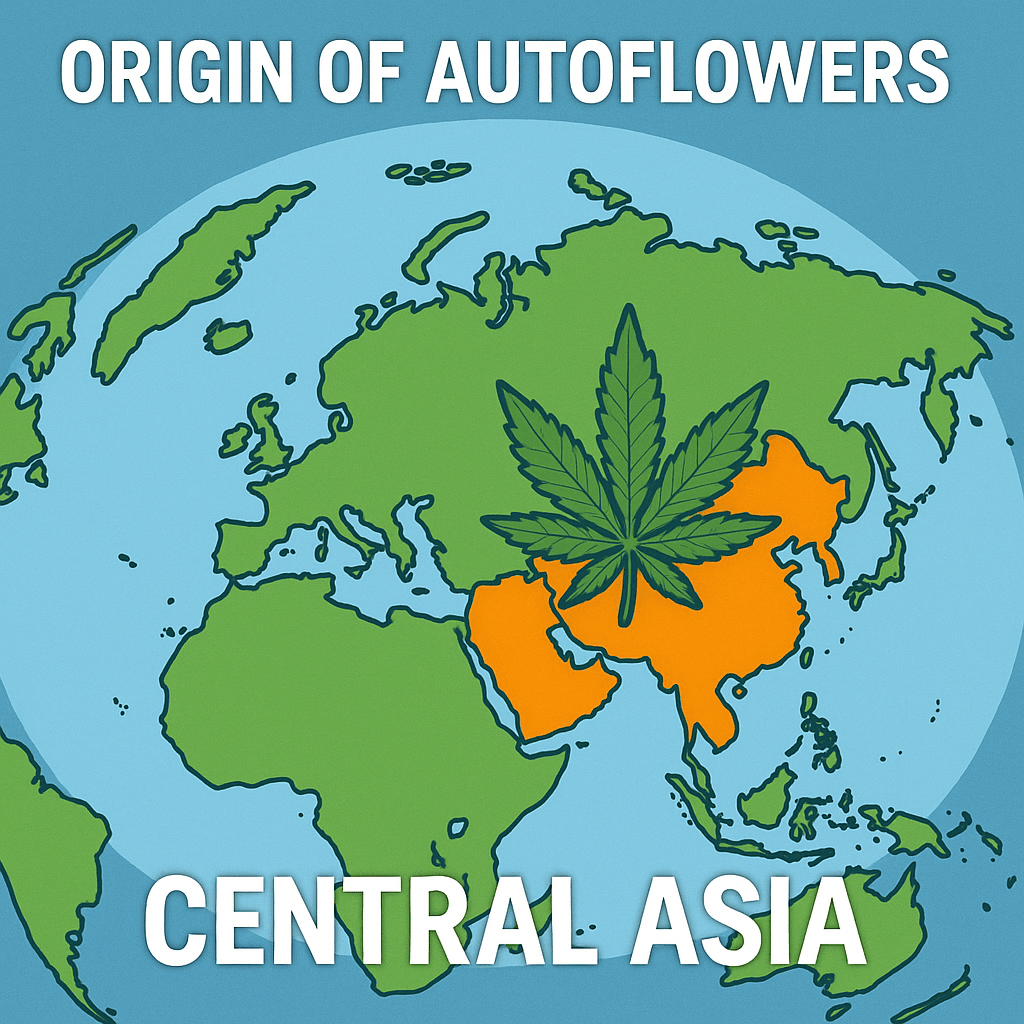 “2D educational map highlighting Central Asia in orange with a large cannabis leaf overlay, labeled ‘Origin of Autoflowers’ and ‘Central Asia,’ showing where Cannabis ruderalis evolved.”