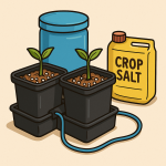 "Cartoon-style illustration of an AutoPot 2‑Pot system with two black pots filled with coco-perlite mix, connected to a blue water reservoir by tubing, and a yellow container labeled Crop Salt placed beside the setup."