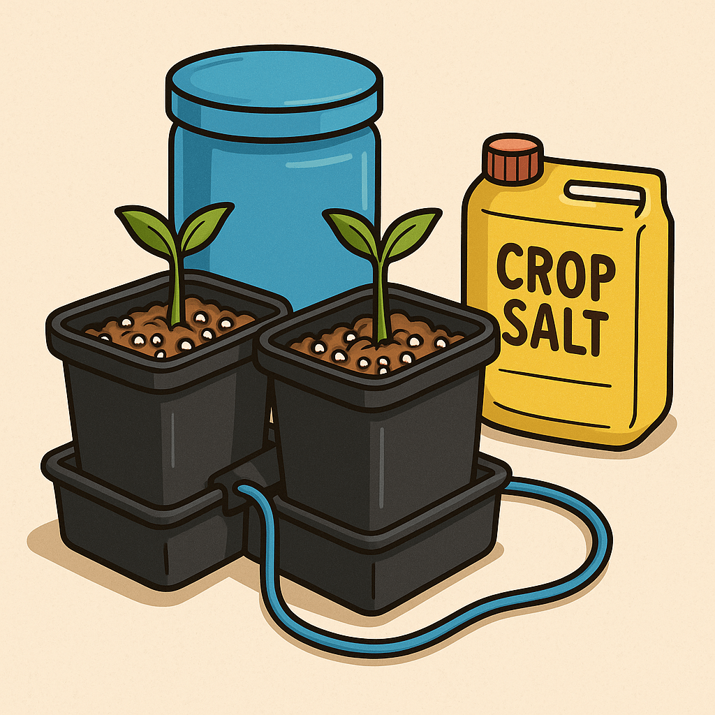 "Cartoon-style illustration of an AutoPot 2‑Pot system with two black pots filled with coco-perlite mix, connected to a blue water reservoir by tubing, and a yellow container labeled Crop Salt placed beside the setup."