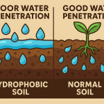 “Educational cartoon diagram showing a side-by-side comparison of hydrophobic soil versus normal soil. On the left, water pools above dry, compacted soil labeled ‘Hydrophobic Soil’; on the right, water droplets penetrate evenly into healthy soil labeled ‘Normal Soil’ with a seedling growing above.”