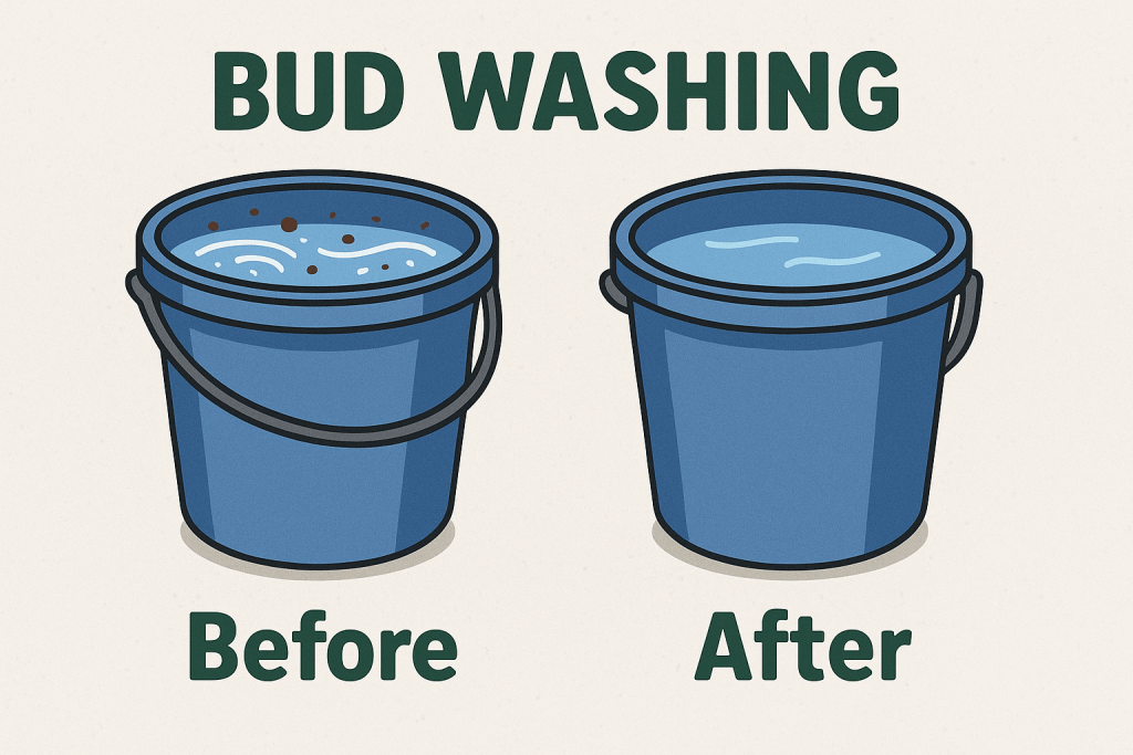 “Infographic showing two blue buckets labeled Before and After. The Before bucket contains dirty water with debris, while the After bucket has clean water, illustrating the bud washing process for cannabis.”