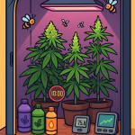 “Cartoon-style grower sitting at a desk with a chatbot handing them a cannabis feeding schedule, surrounded by plants and nutrients.”