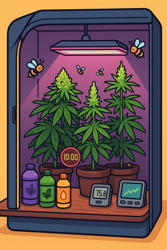 “Cartoon-style grower sitting at a desk with a chatbot handing them a cannabis feeding schedule, surrounded by plants and nutrients.”
