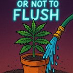 ChatGPT said: ALT Text: “Cartoon-style illustration of a cannabis plant being flushed with a garden hose pouring water into the pot, excess water draining from the bottom, with bold electric text reading ‘To Flush or Not to Flush,’ illustrating the cannabis flushing myth and harvest practices.”