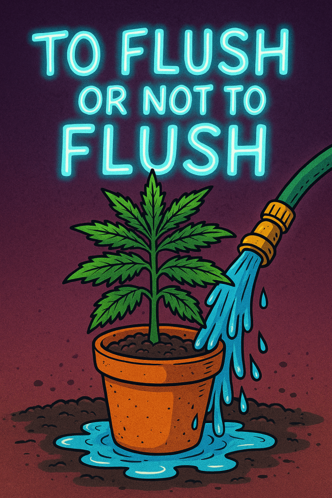ChatGPT said: ALT Text: “Cartoon-style illustration of a cannabis plant being flushed with a garden hose pouring water into the pot, excess water draining from the bottom, with bold electric text reading ‘To Flush or Not to Flush,’ illustrating the cannabis flushing myth and harvest practices.”