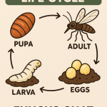“Educational cartoon infographic showing the fungus gnat life cycle in four stages: eggs, larva, pupa, and adult, arranged in a circular flow with arrows, set against a beige background.”