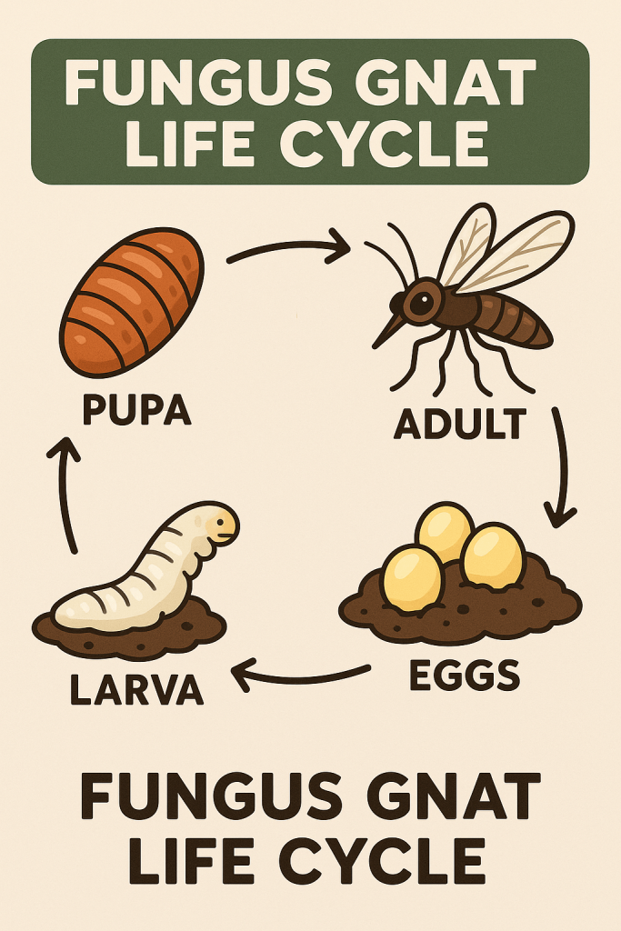 “Educational cartoon infographic showing the fungus gnat life cycle in four stages: eggs, larva, pupa, and adult, arranged in a circular flow with arrows, set against a beige background.”