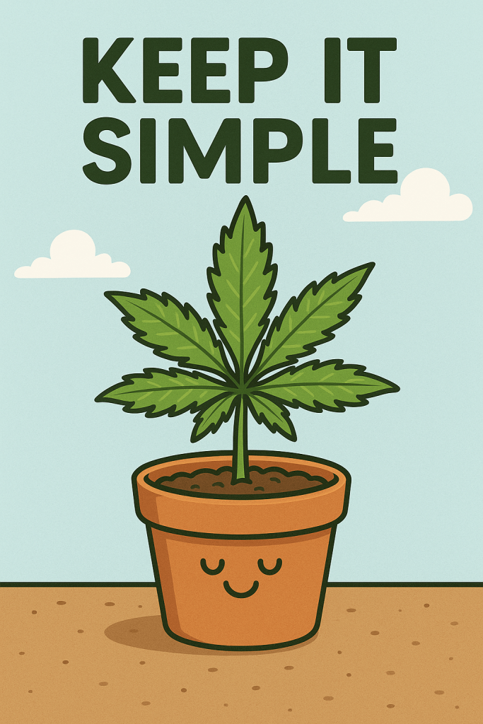 “Cartoon-style image of a happy cannabis plant in a terracotta pot with a smiling face, under the words ‘KEEP IT SIMPLE’ in bold letters, representing a healthy plant grown using the K.I.S. method.”