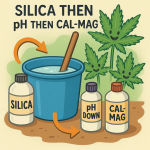 “Fun cartoon-style image of a blue mixing bucket with a wooden stick, surrounded by labeled bottles of Silica, pH Down, and Cal-Mag. Arrows indicate the correct order of adding ingredients. Happy cannabis plants smile in the background.”