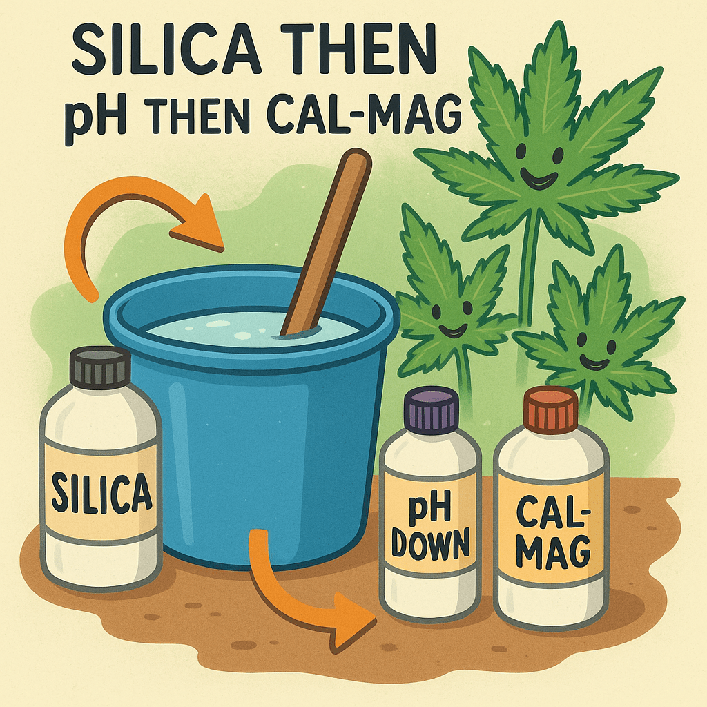 “Fun cartoon-style image of a blue mixing bucket with a wooden stick, surrounded by labeled bottles of Silica, pH Down, and Cal-Mag. Arrows indicate the correct order of adding ingredients. Happy cannabis plants smile in the background.”