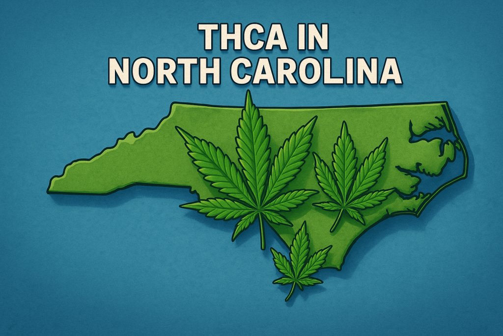 ChatGPT said: ALT Text: “3D-style digital illustration of the state of North Carolina filled with cannabis leaves, designed as a modern graphic highlighting the region’s association with THCa and cannabis products.”