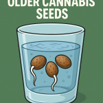 “2D illustration showing three cannabis seeds soaking in a clear glass of water, with two seeds sprouting white taproots, and bold text reading ‘Germinating Older Cannabis Seeds.’”