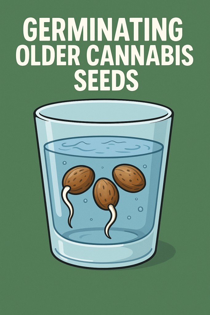 “2D illustration showing three cannabis seeds soaking in a clear glass of water, with two seeds sprouting white taproots, and bold text reading ‘Germinating Older Cannabis Seeds.’”