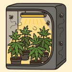 “Cartoon-style illustration of a cannabis grow tent zipped open, revealing healthy cannabis plants under grow lights with small flying bugs like gnats and mites hovering inside the tent.”