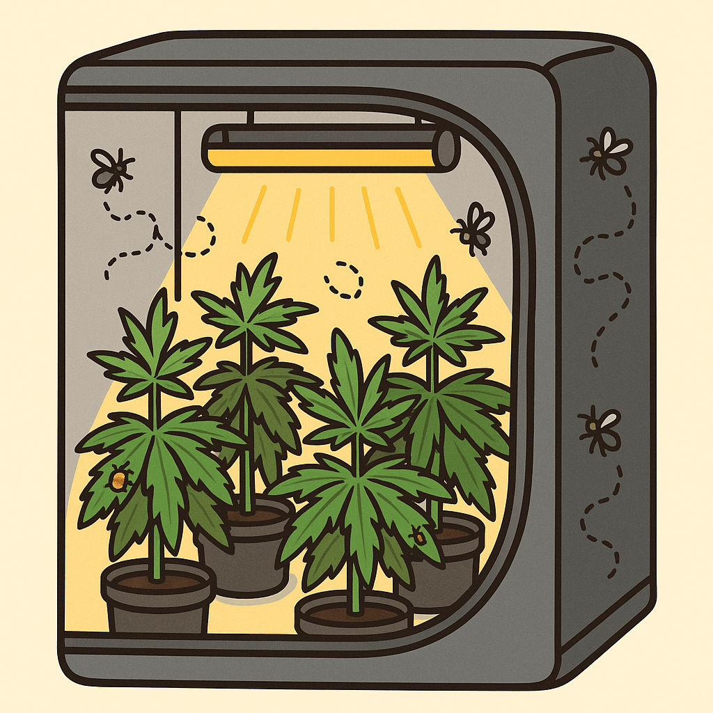 “Cartoon-style illustration of a cannabis grow tent zipped open, revealing healthy cannabis plants under grow lights with small flying bugs like gnats and mites hovering inside the tent.”