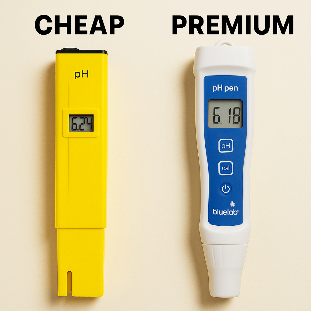 “Side-by-side digital image comparing a cheap no-name pH pen with a premium, branded pH pen, both positioned above nutrient solutions, highlighting the difference in build quality and accuracy.”