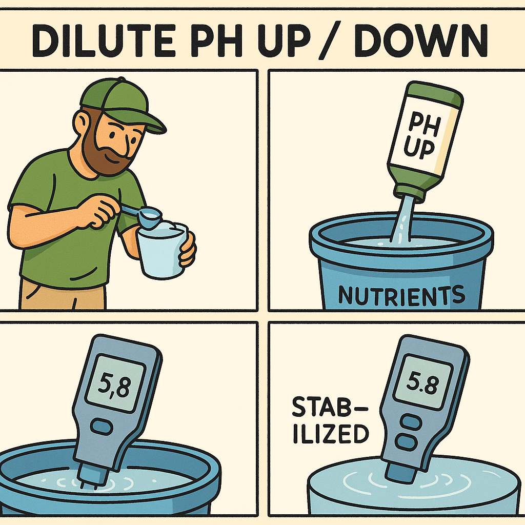 Step-by-step visual of pre-diluting powdered pH up/down in a cup before adding to nutrient tank, ending with pH meter reading 5.8.