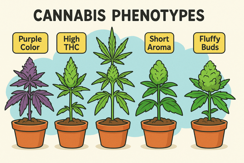 "Illustration depicting various cannabis phenotypes with distinct traits such as color, aroma, and growth patterns."