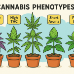 "Illustration depicting various cannabis phenotypes with distinct traits such as color, aroma, and growth patterns."