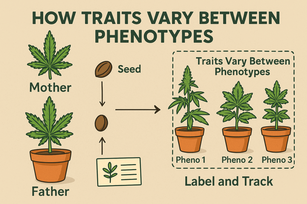 “Educational flat-style infographic showing two parent cannabis plants labeled Mother and Father, seeds forming between them, and three offspring plants in pots labeled Pheno 1, Pheno 2, and Pheno 3, illustrating how traits vary between phenotypes.”