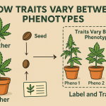 “Educational flat-style infographic showing two parent cannabis plants labeled Mother and Father, seeds forming between them, and three offspring plants in pots labeled Pheno 1, Pheno 2, and Pheno 3, illustrating how traits vary between phenotypes.”