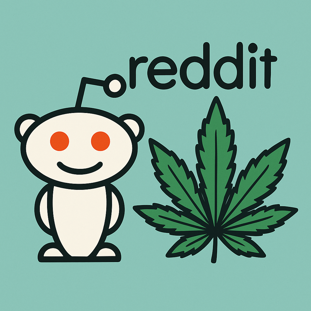 ChatGPT said: ALT Text: "Flat digital illustration of the Reddit logo and Snoo mascot next to a large green cannabis leaf, representing cannabis growing communities on Reddit."
