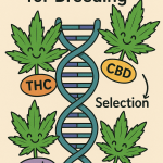 “Whimsical diagram showing cannabis DNA strands being used to breed targeted strains with specific THC, CBD, and CBN profiles.”