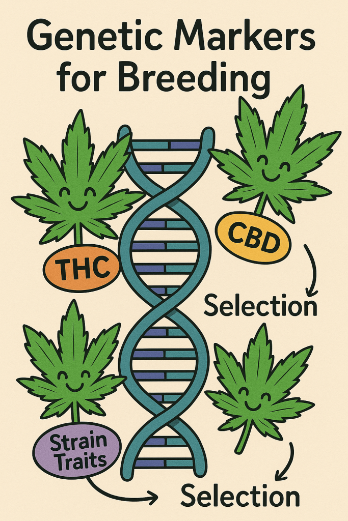 “Whimsical diagram showing cannabis DNA strands being used to breed targeted strains with specific THC, CBD, and CBN profiles.”