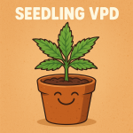“Healthy cannabis seedling in a pot with Seedling VPD text, illustrating ideal humidity and temperature for growth.”
