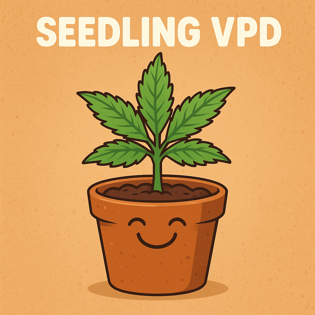 “Healthy cannabis seedling in a pot with Seedling VPD text, illustrating ideal humidity and temperature for growth.”