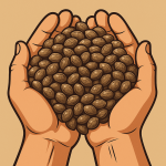 “Cartoon-style digital illustration of two cupped hands overflowing with a large pile of cannabis seeds, symbolizing abundance and variety for growers.”