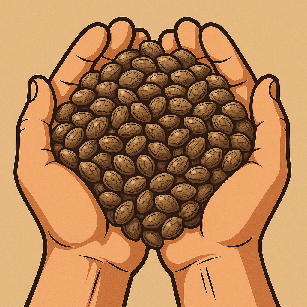 “Cartoon-style digital illustration of two cupped hands overflowing with a large pile of cannabis seeds, symbolizing abundance and variety for growers.”