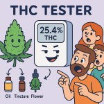 “Humorous illustration of cannabis potency testing with tCheck device showing THC results and grower pride.”