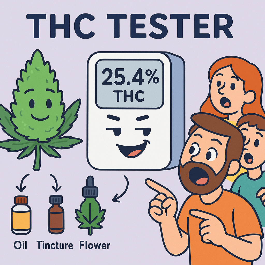 “Humorous illustration of cannabis potency testing with tCheck device showing THC results and grower pride.”